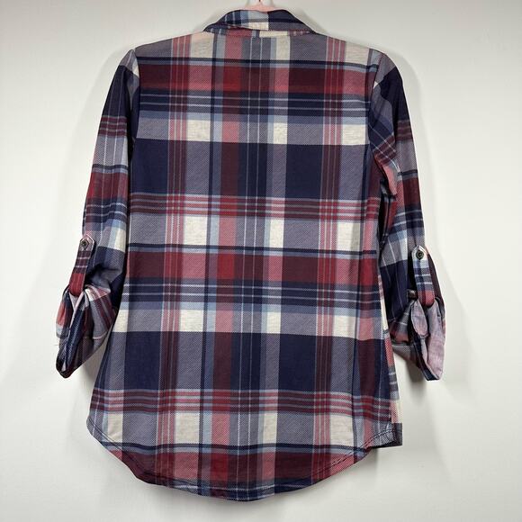 POLLY & ESTHER Blue Red Plaid Long Sleeve Button Down Shirt Medium - Picture 2 of 8